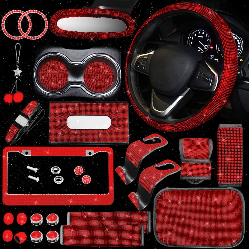 JINGSEN 25PCS Bling Car Parts Set  Car Parts Set Female Plug Universal 15 Inch  Shiny License Plate Frame  Center Console Cover and Rearview Mirror Set and Other Car Accessories(Red) - Image 1